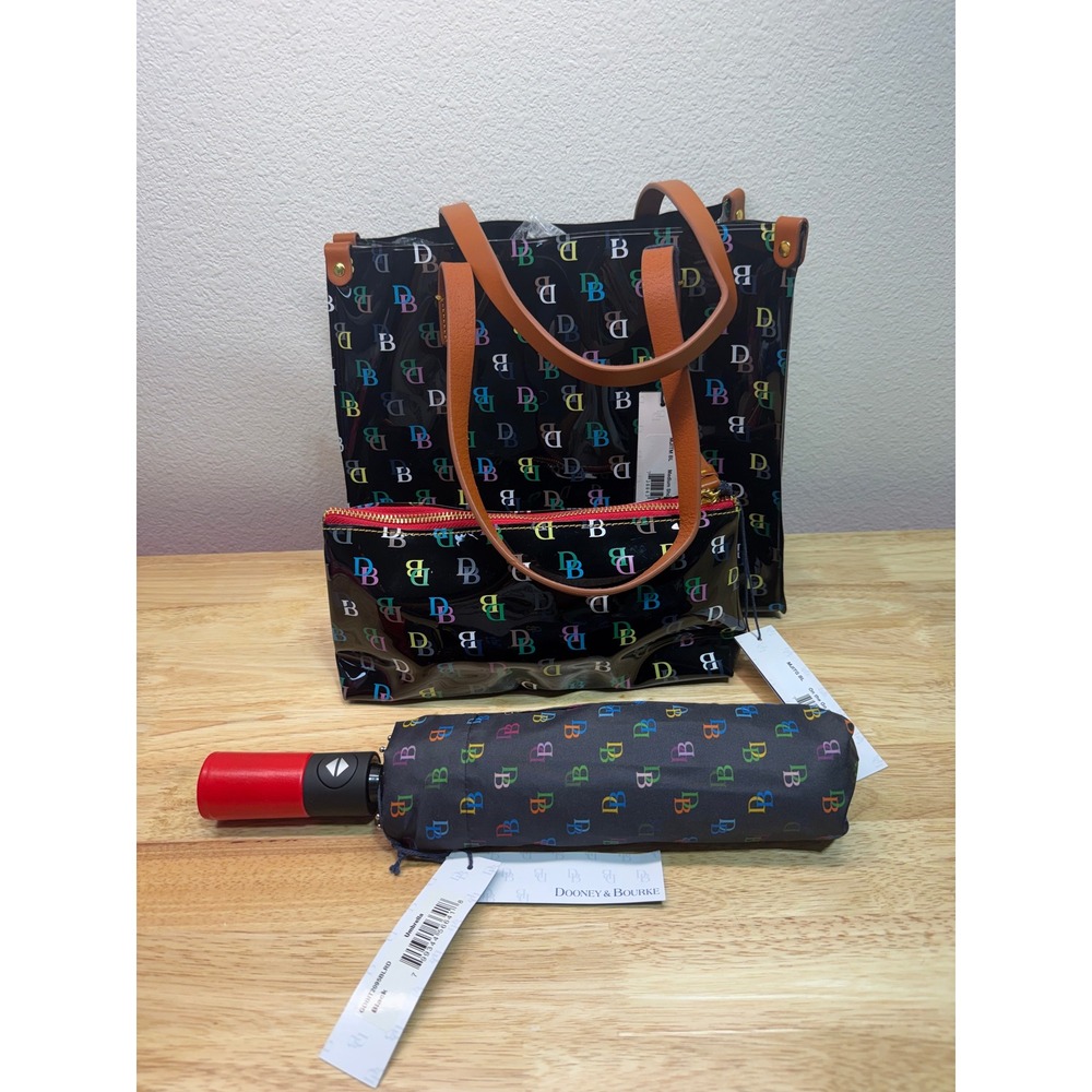 Dooney & Bourke Black Multi DB Monogram Med Shopper Tote Cosmetic Case Umbrella